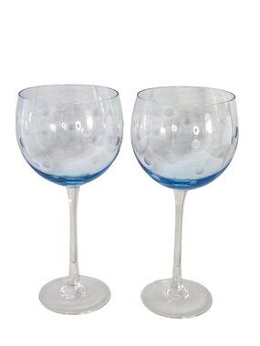 2 Block Glitter Blue Goblet 8.5" vintage polka dot fun glasses handblown